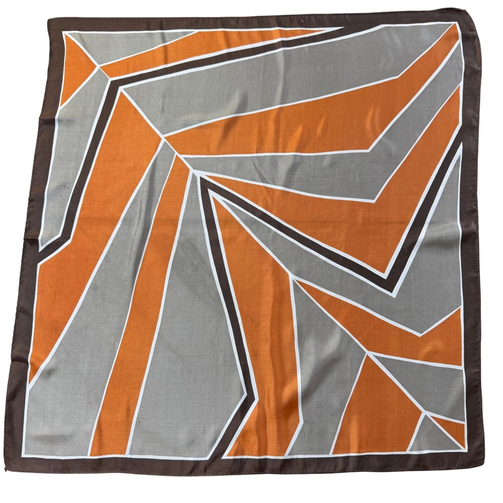Vintage Glentex‎ Silk Scarf Geometric Mod Print Orange Brown Grey Retro Square